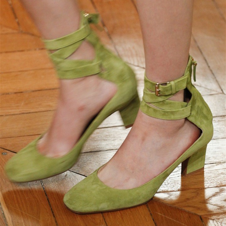 Fashion Green Vegan Suede Buckle Wrap Strappy Pumps Heels
