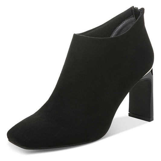 Black Faux Suede Closed Square Toe Rear Zipper Block Heel Ankle Boots