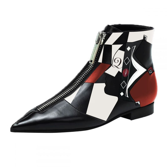 Black & White Pointed Toe Flat Booties Zip Color Block Ankle Boots