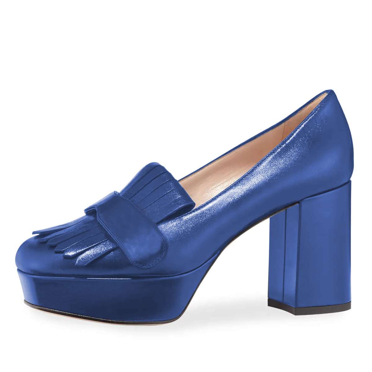 Blue Fringed Square Toe Block Heel Platform Loafers for Women