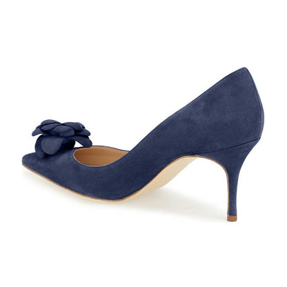 Women's Navy Flower Heels Pointed Toe Vegan Suede Dress Pumps Shoes