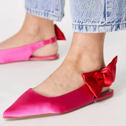 Hot Pink Satin Pointed Toe Red Bow Embellished Slingback Flats