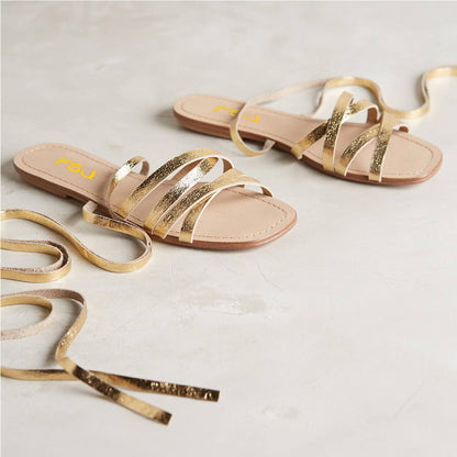 Gold Gladiator Sandals Open Toe Comfortable Flats Strappy Shoes
