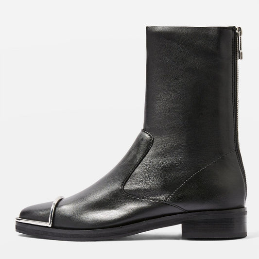 Black Metal Embellished Women's Closed Toe Low Heel Ankle Boots