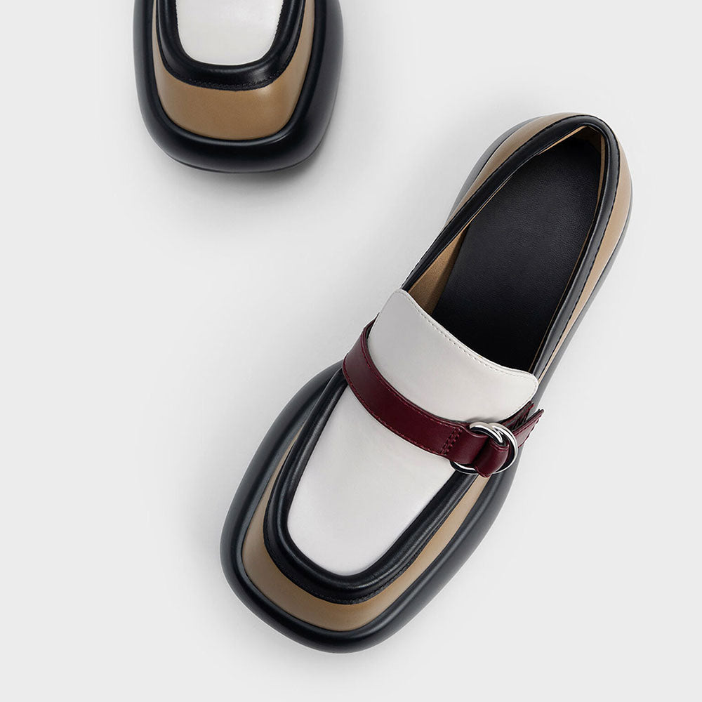 Multicolor Square Toe Buckled Platform Loafers for Women