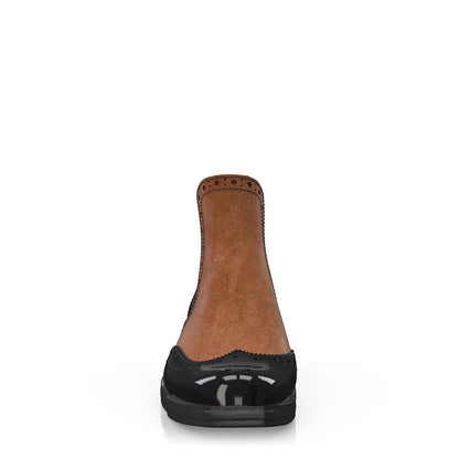 Black & Brown Patent Leather Round Toe Chunky Heel Ankle Boots