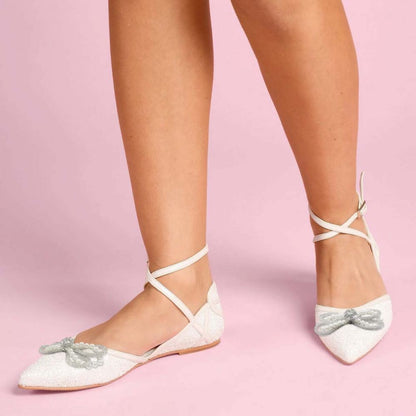 Elegant White Glitter Pointed Toe Ankle Strap Flats with Bow Decor