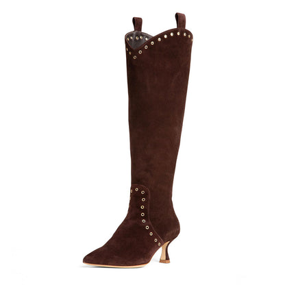 Brown Pointed Toe Spool Heel Grommet Knee High Boots for Women