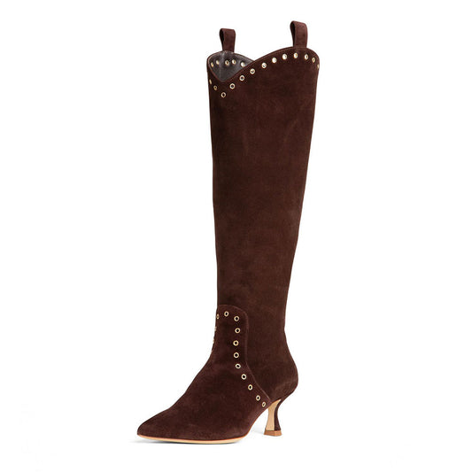 Brown Pointed Toe Spool Heel Grommet Knee High Boots for Women