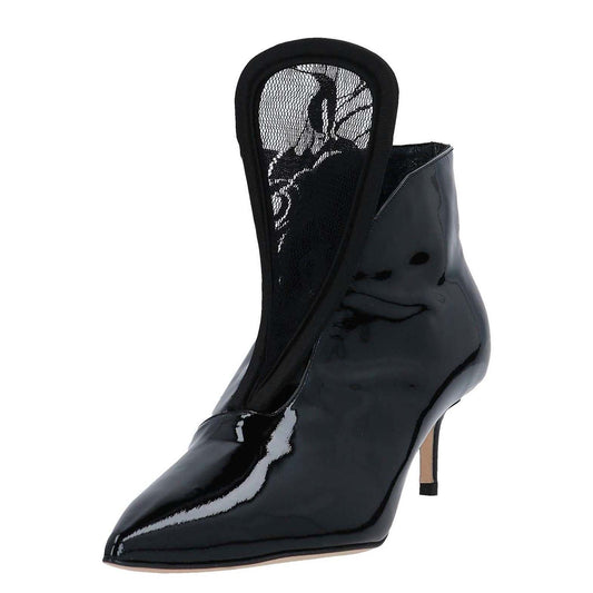 Black Patent Leather Kitten Heel Ankle Boots Pointed Toe Lace Booties