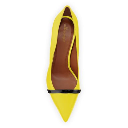 Yellow Vegan Leather Pumps Curved Edge Pointed Toe Stiletto Heels