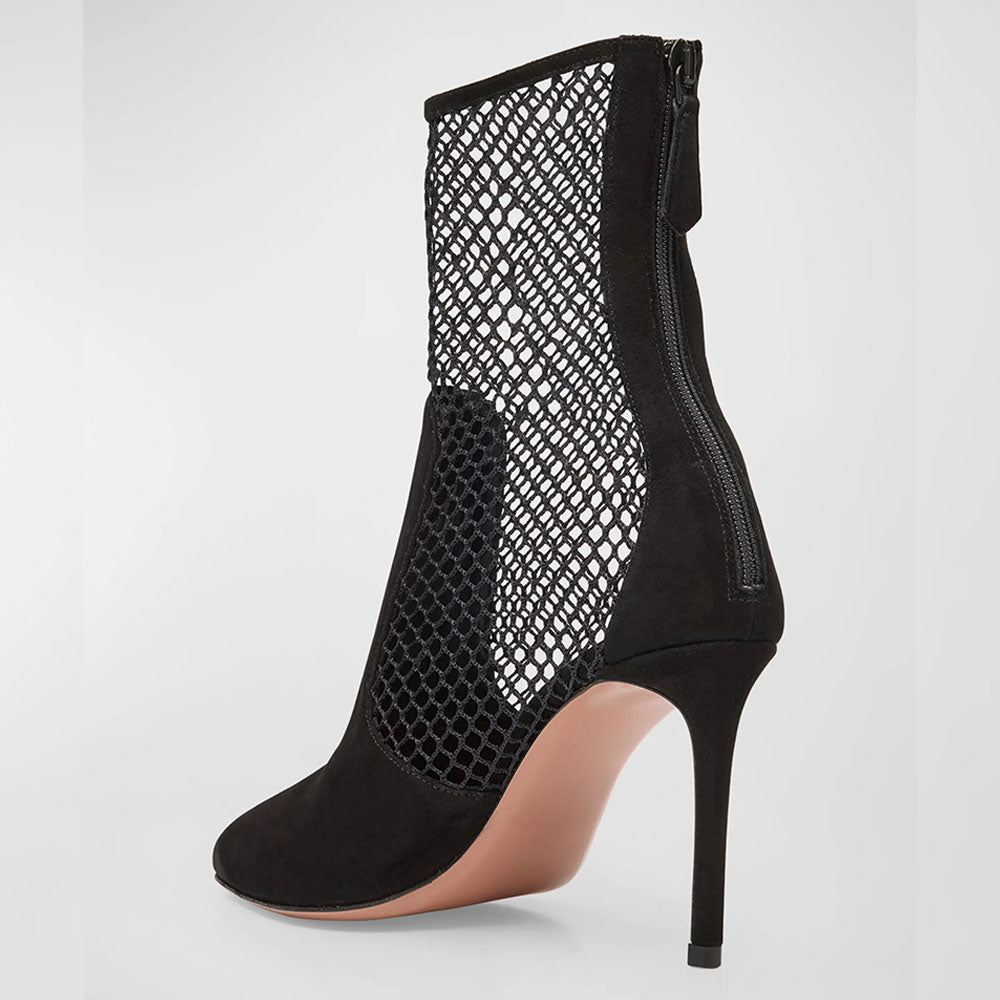 Black Mesh & Vegan Suede Pointy Toe Back-Zip Heeled Ankle Boots