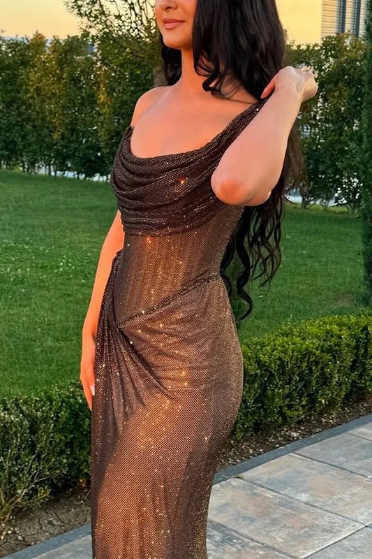 Sexy One Shoulder Black Mermaid Glitter Pleated Slit Long Prom Dresses TP1695