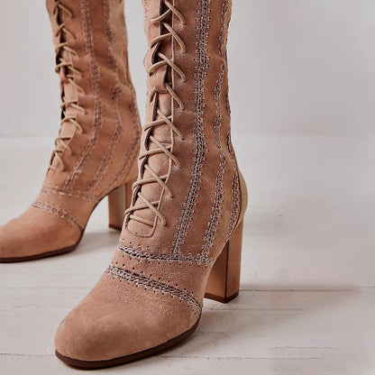 Tan Lace Up Stitching Round Toe Block Heel Knee High Boots with Zipper