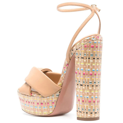 Nude Twist Band Colorful Woven Platform Ankle Strap Heeled Sandals