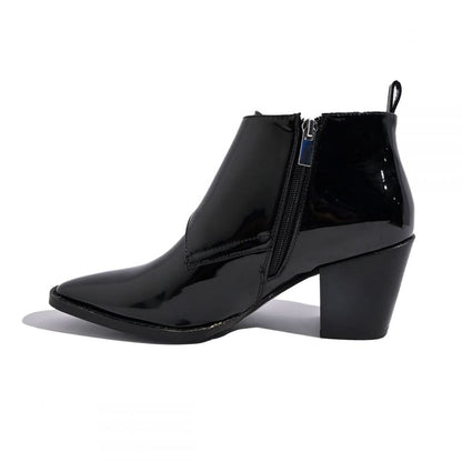 Black Patent Leather Monk Buckle Chunky Heel Ankle Boots