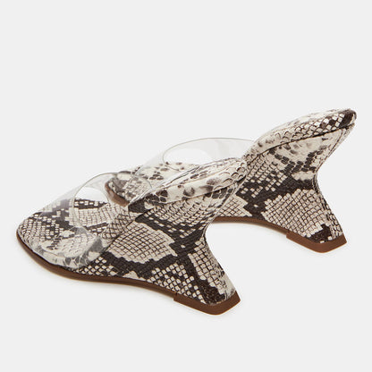 Beige & Gray Square Toe Python Embossed Mules Sandals with Wedge Heel
