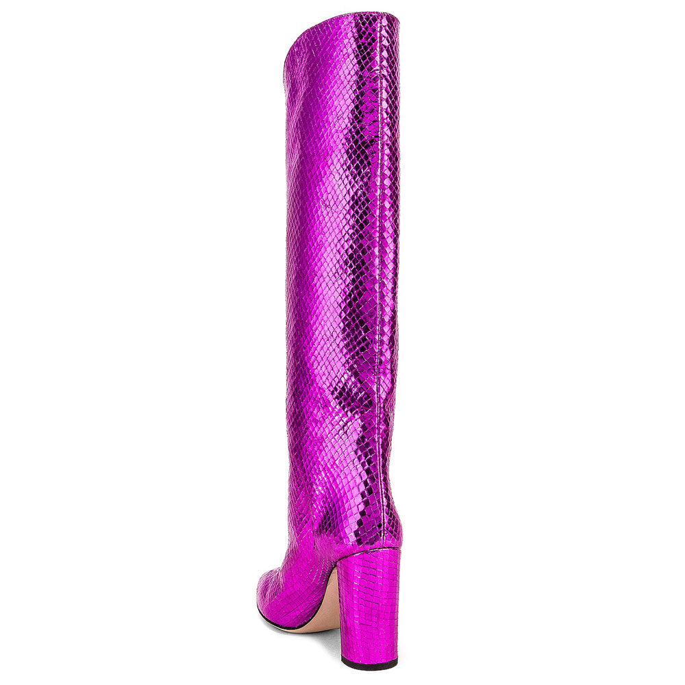Fuchsia Textured Pointed Toe Block Heel Slip On Knee High Boots
