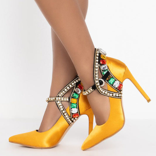 Yellow Stiletto Heel Pointed Toe Satin Pumps Elegant Rhinestones Shoes