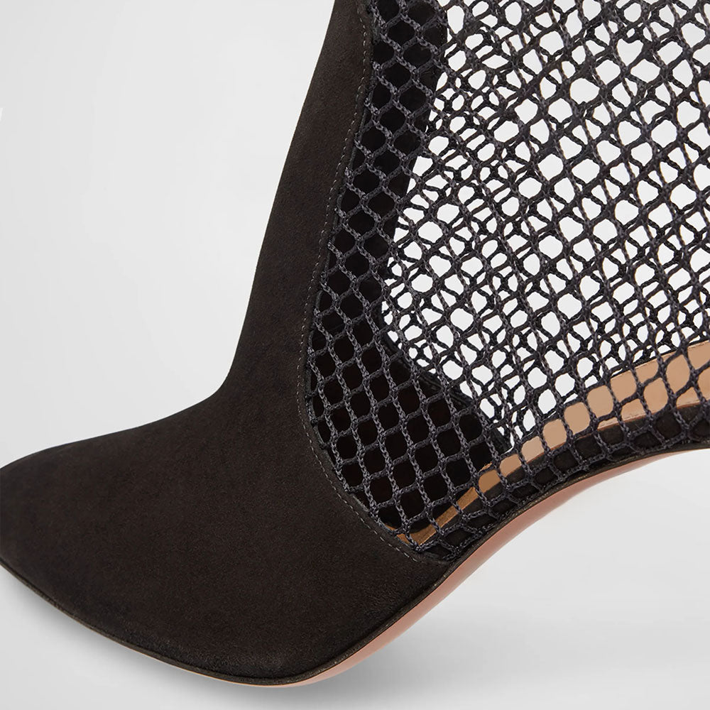 Black Mesh & Vegan Suede Pointy Toe Back-Zip Heeled Ankle Boots
