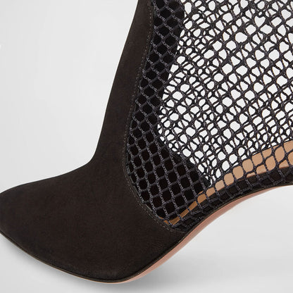 Black Mesh & Vegan Suede Pointy Toe Back-Zip Heeled Ankle Boots