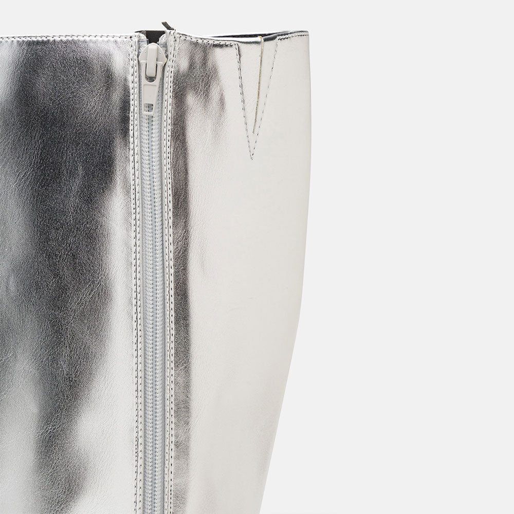 Silver Stiletto Heel Zipper Pointed Toe Buckle Strap Mid Calf Boots