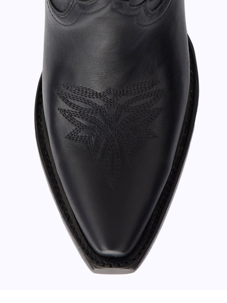 Black Snip Toe Embroidered Cowgirl Ankle Boots with Block Heel