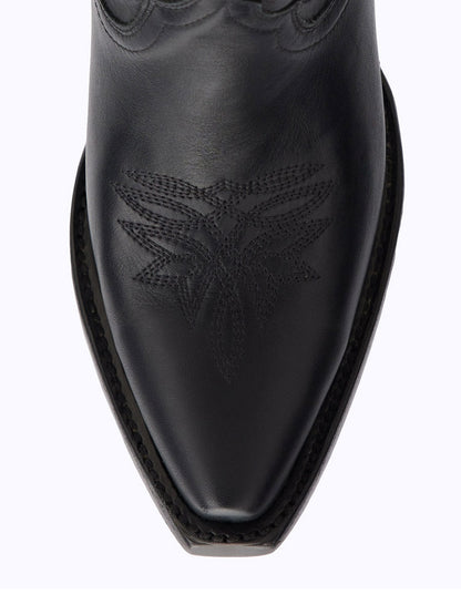 Black Snip Toe Embroidered Cowgirl Ankle Boots with Block Heel