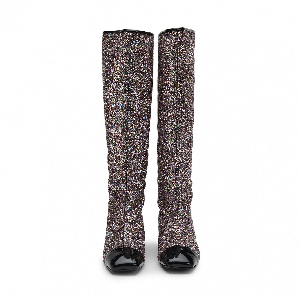 Black Glitter Square Toe Chunky Heel Knee High Boots