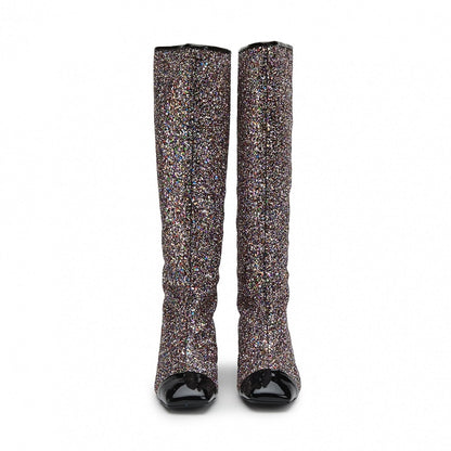 Black Glitter Square Toe Chunky Heel Knee High Boots