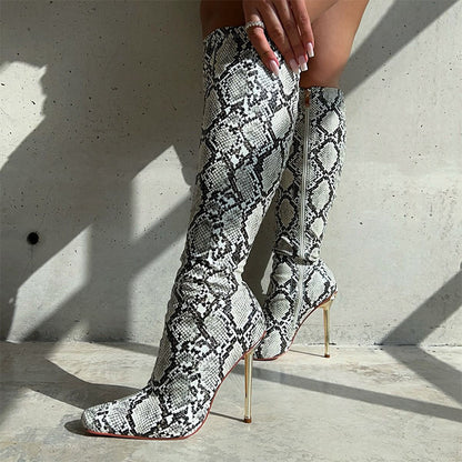Classic Pointed Toe Snakeskin Stiletto Heel Zipper Knee High Boots