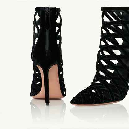 Black Velvet Woven Cage-Like Stiletto Heel Short Boots for Women