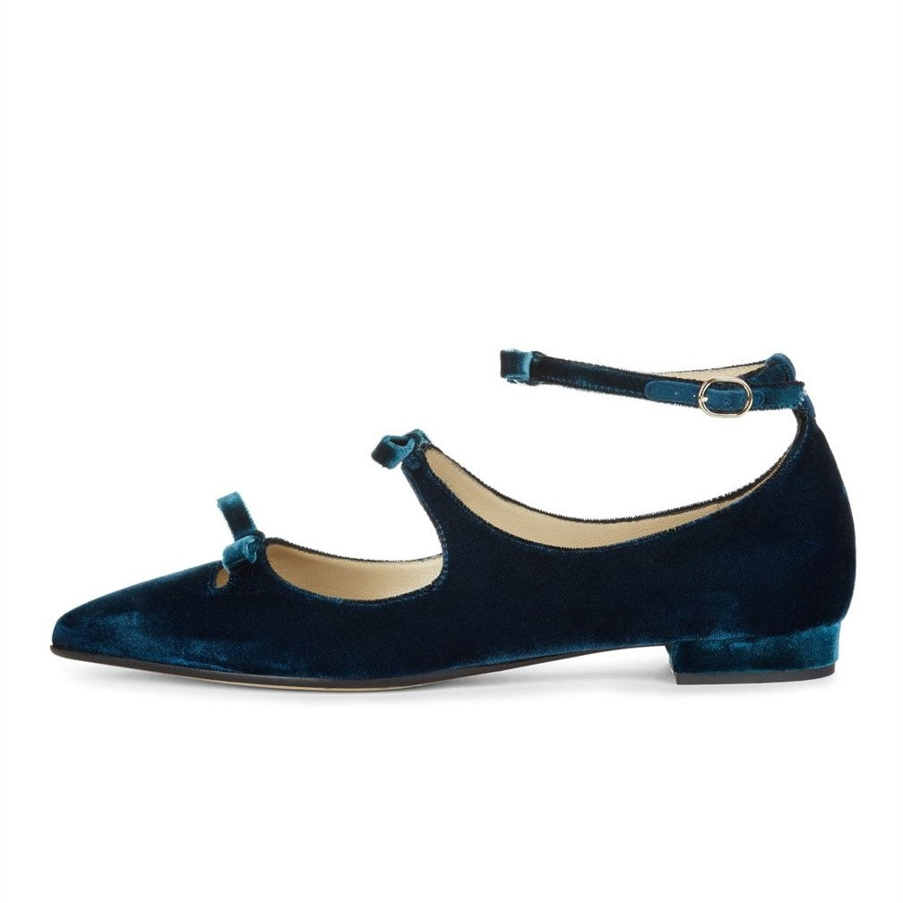 Teal Velvet Bows Embellished Pointed Toe Ankle Strap Mary Jane Flats