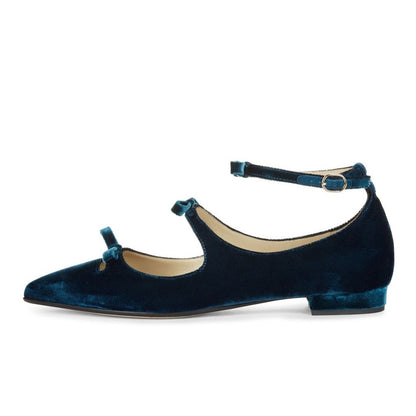 Teal Velvet Bows Embellished Pointed Toe Ankle Strap Mary Jane Flats