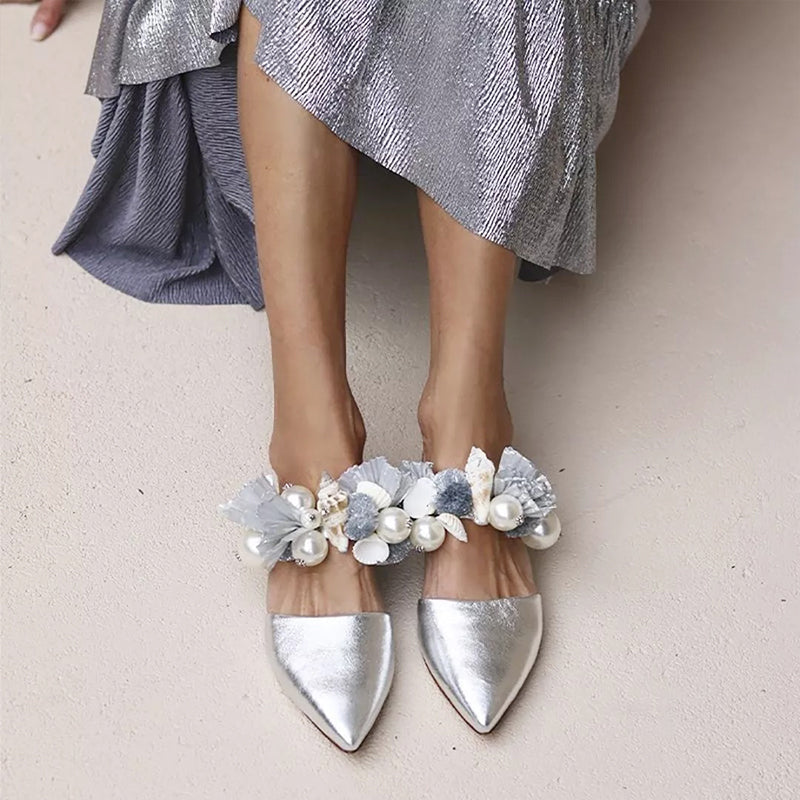 Silver Pointy Toe Flats Bridal Shoes Women's Party Mules