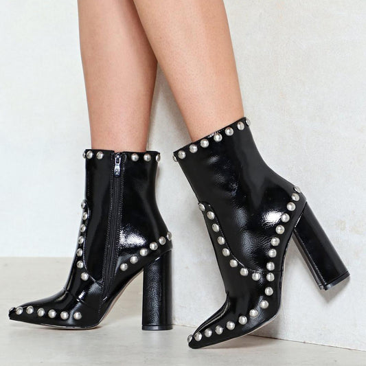 Black Patent Leather Closed Toe 4'' Chunky Heel Studded Ankle Boots