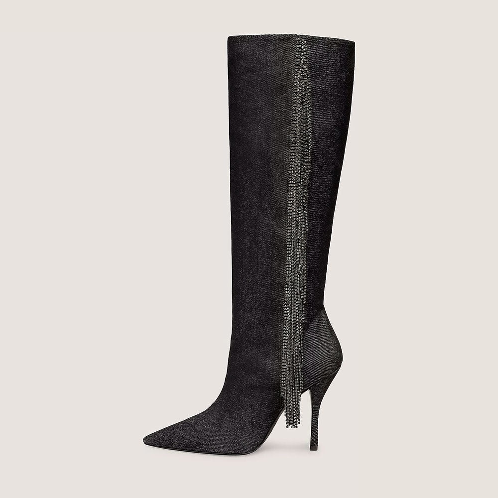 Pointed Toe Zip Rhinestone Fringe Knee High Boots in Dark Grey