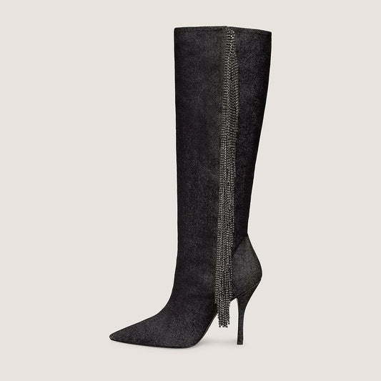Pointed Toe Zip Rhinestone Fringe Knee High Boots in Dark Grey