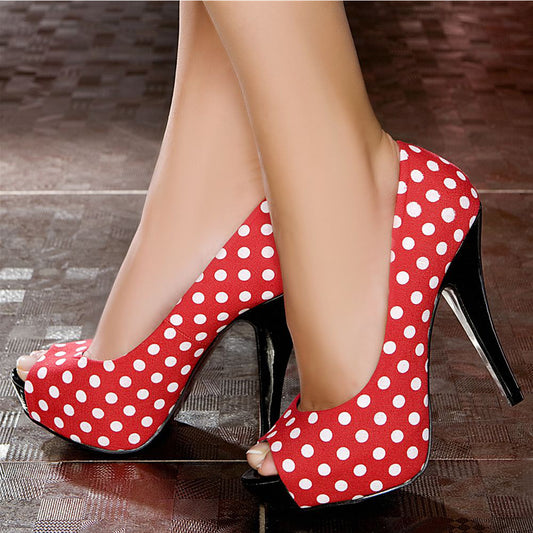 Women's Red & White Polka Dot Peep Toe Heels Vintage Platform Pumps