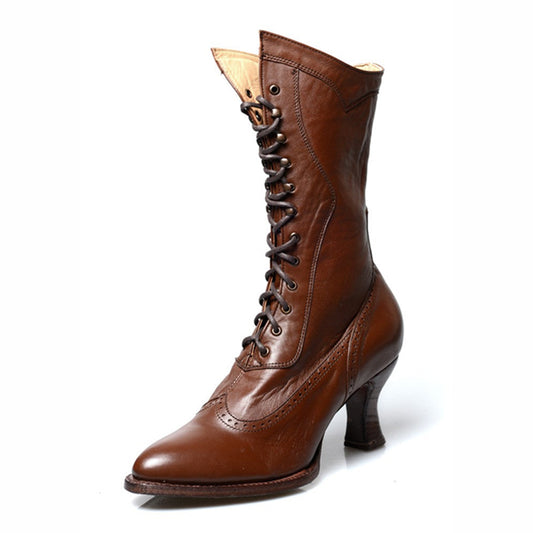Brown Lace-Up Almond Toe Spool Heel Mid Calf Boots for Women