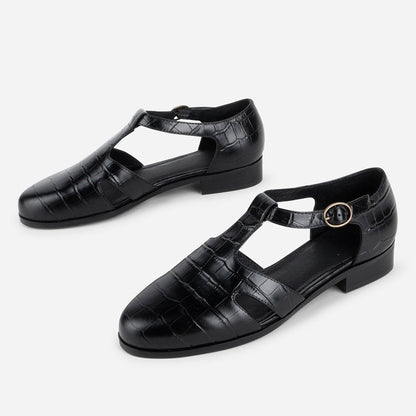 Black Vegan Leather Croc Embossed Round Toe T-Strap Cut-Out Flats