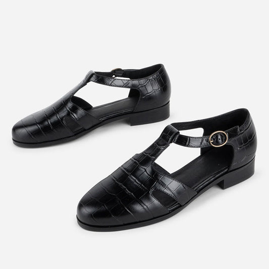 Black Vegan Leather Croc Embossed Round Toe T-Strap Cut-Out Flats