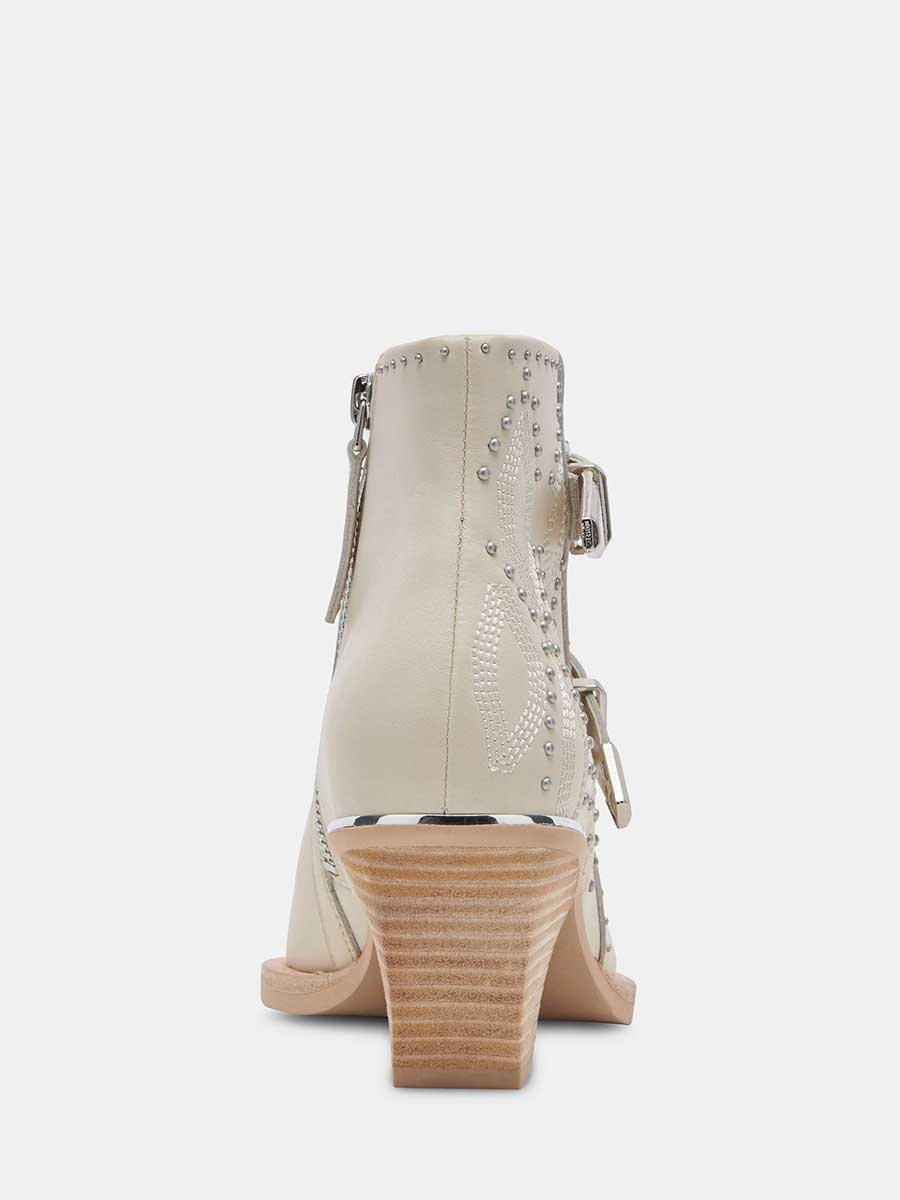 Ivory Vegan Leather Snip Toe Side-Zip Cowgirl Ankle Boots With Chunky Heels