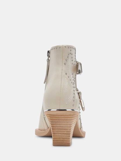 Ivory Vegan Leather Snip Toe Side-Zip Cowgirl Ankle Boots With Chunky Heels