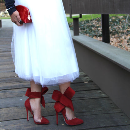 Red Vegan Suede Stiletto Heels Pointy Toe Ankle Strap Pumps with Bow