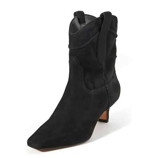 Women's Black Faux Suede Square Toe Kitten Heel Ankle Boots for Dress
