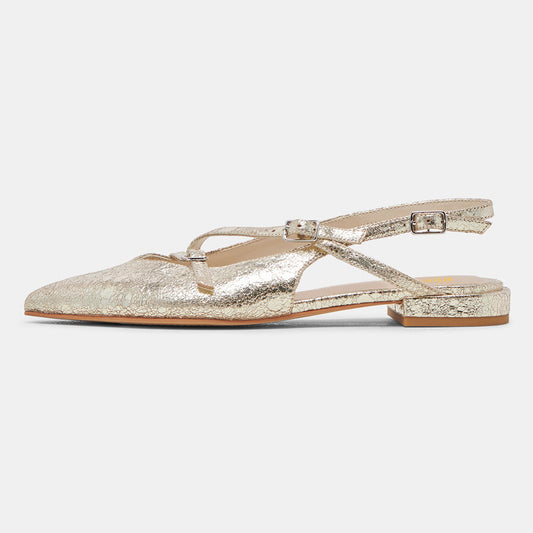 Champagne Pointed Toe Slingback Flats with Buckle Strappy Design