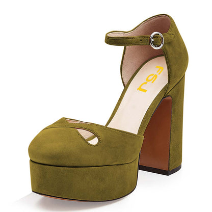 Women's Olive Vegan Suede Ankle Strap Heels Cut Out Platform Pumps