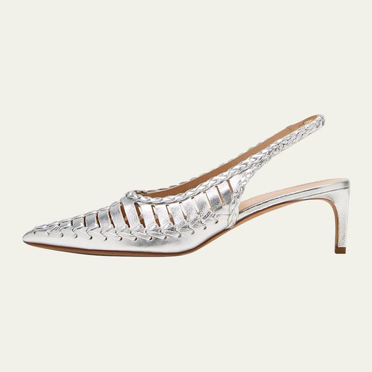 Silver Metallic Pointed Toe Woven Slingback Pumps with Kitten Heel