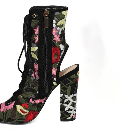 Black Sheer Mesh Peep Toe Lace Up Embroidered Block Heel Ankle Boots